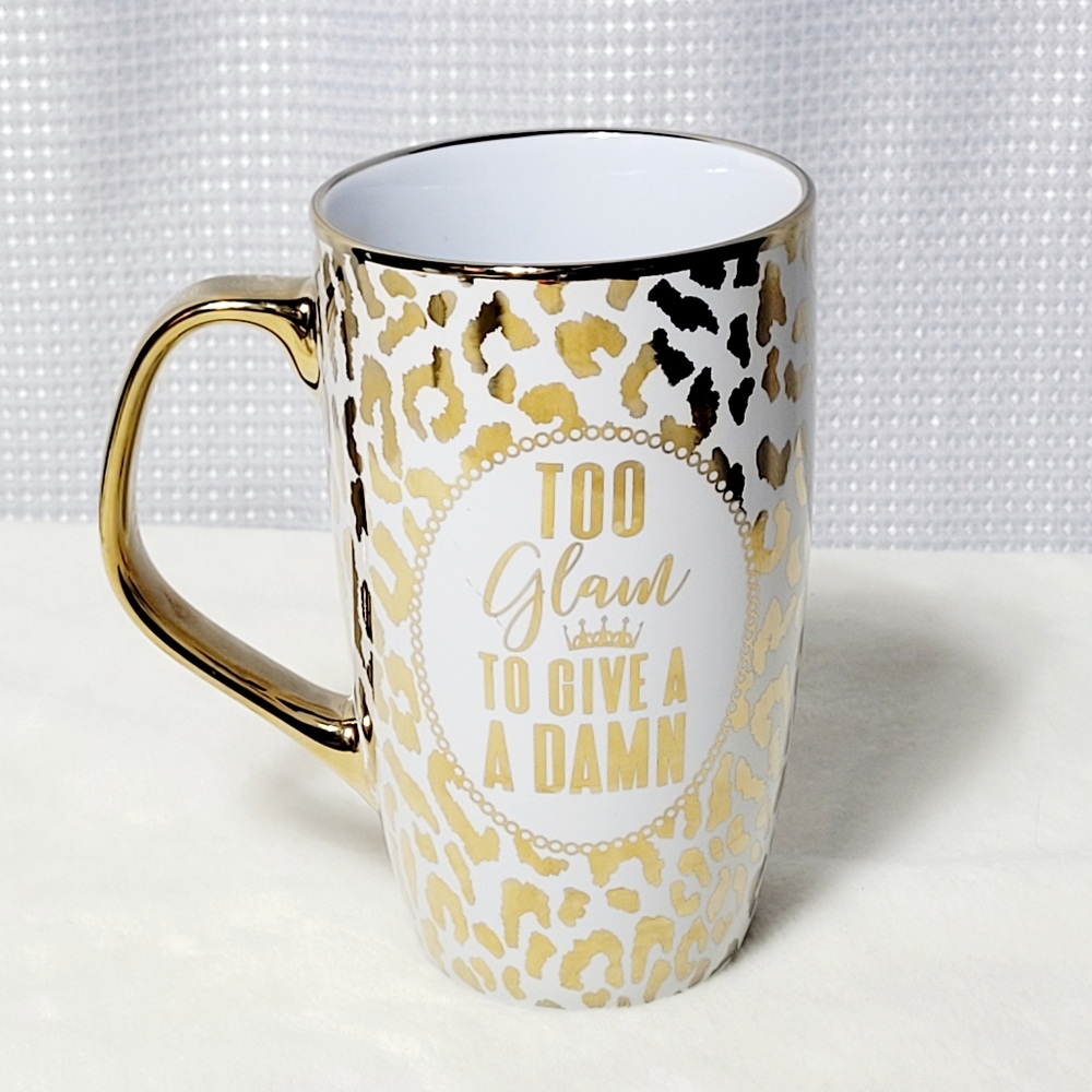 NWOT Bebe Gold and White “Too Glam To Give a Damn” Leopard Print Tall Mug
